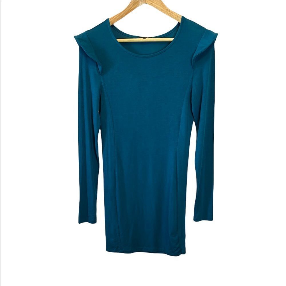 TALULA Teal Stretch Flutter Shoulder Long Sleeve Casual Crew Neck Dress M